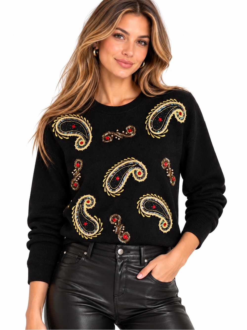 Vintage Black Beaded Paisley Sweater Women’s M